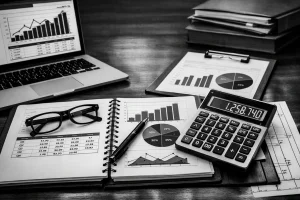 Accounting for management consultants - consultant reviewing financial reports, timesheets and client billing data on laptop in modern office